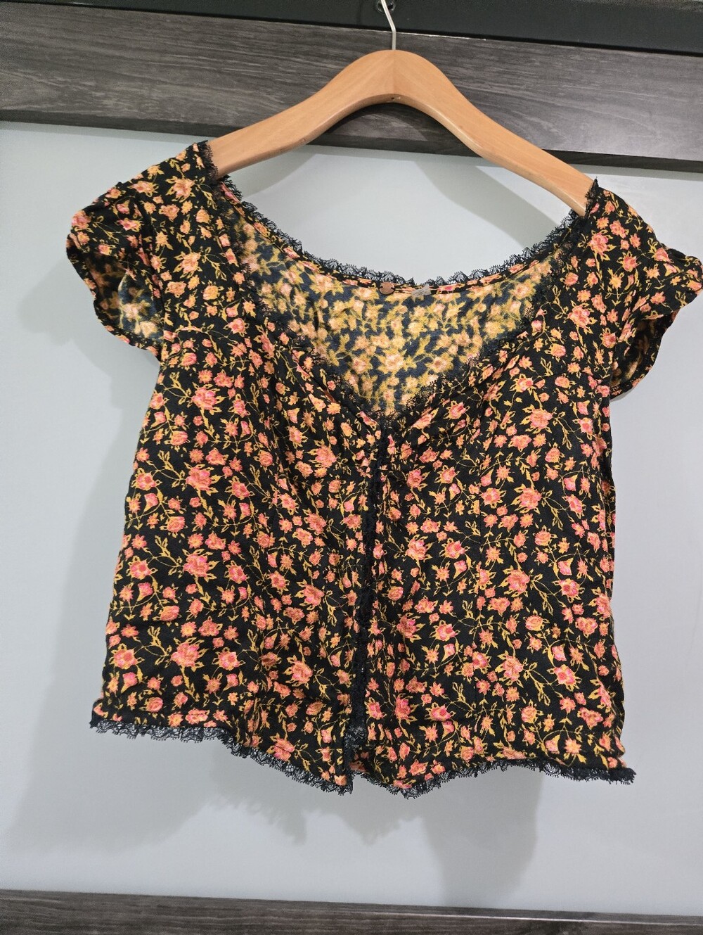 Free People FP One Medium Black Floral Lace Trim Hook Front Crop Top